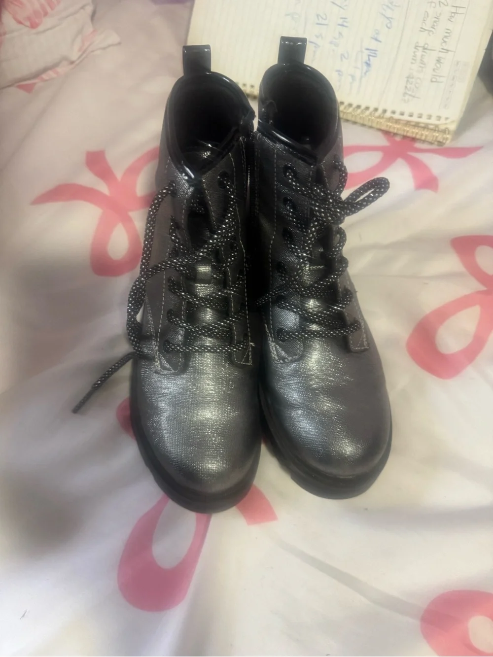 Girls' Shimmering Gray Lace-Up Ankle Boots